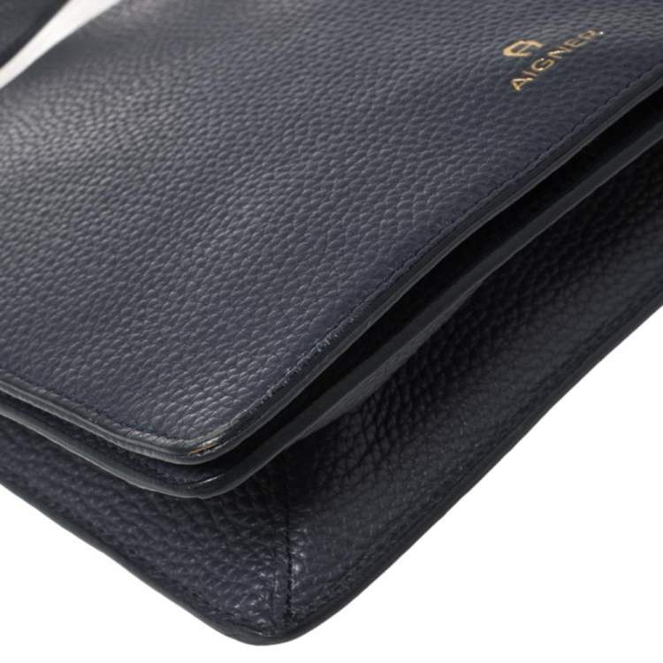 Pre Owned Aigner Navy Blue Leather Flap Crossbody Bag