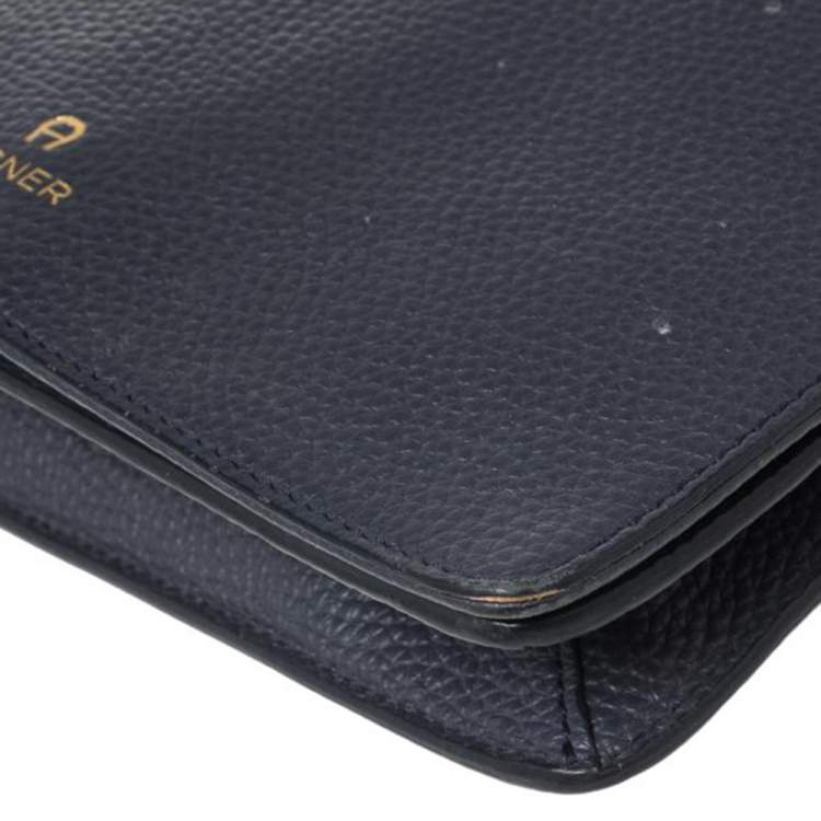 Pre Owned Aigner Navy Blue Leather Flap Crossbody Bag