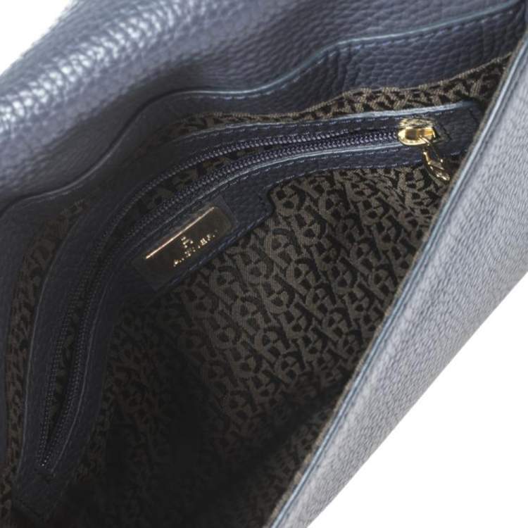 Pre Owned Aigner Navy Blue Leather Flap Crossbody Bag