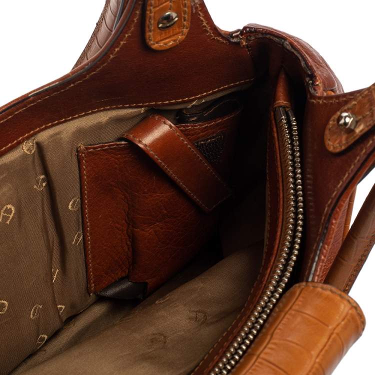 Pre Owned Aigner Brown Croc Embossed Leather and Leather Hobo
