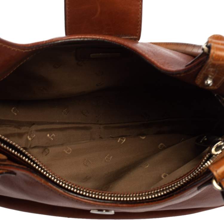 Pre Owned Aigner Brown Croc Embossed Leather and Leather Hobo