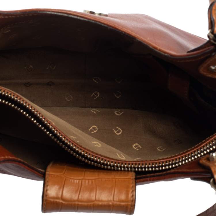 Pre Owned Aigner Brown Croc Embossed Leather and Leather Hobo