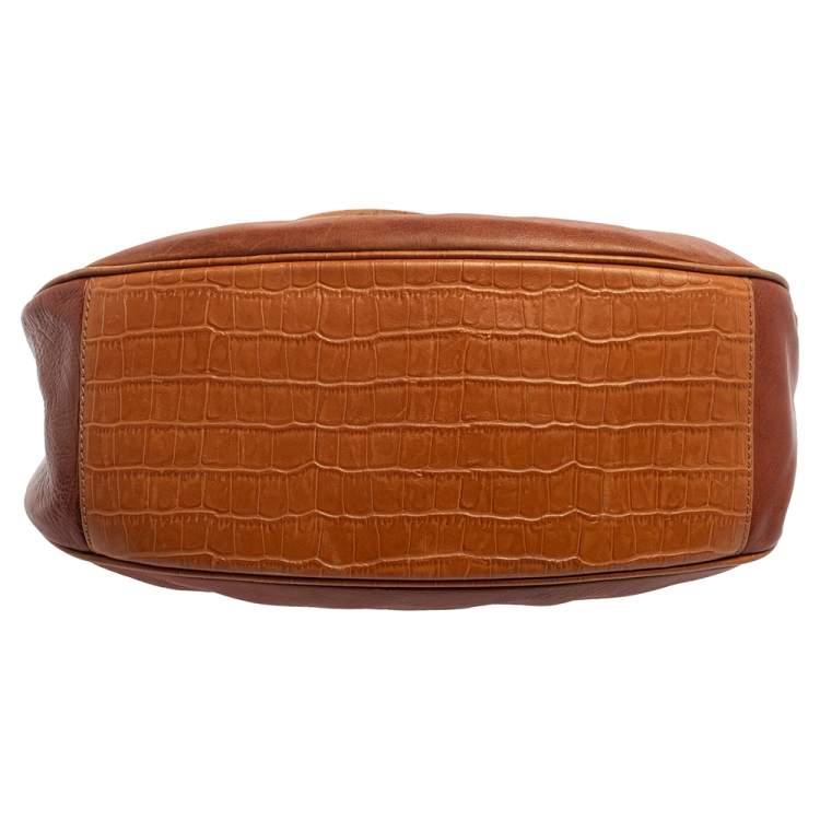 Pre Owned Aigner Brown Croc Embossed Leather and Leather Hobo