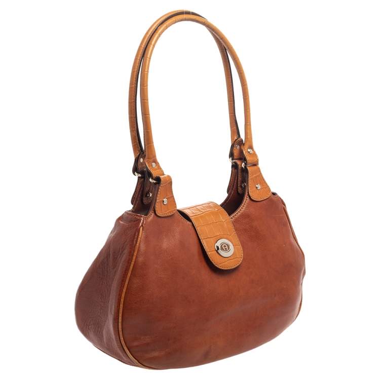 Pre Owned Aigner Brown Croc Embossed Leather and Leather Hobo