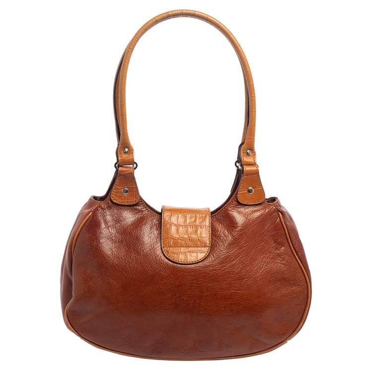 Pre Owned Aigner Brown Croc Embossed Leather and Leather Hobo
