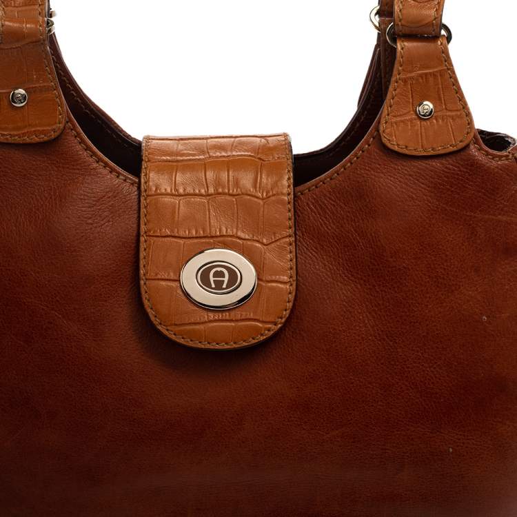 Pre Owned Aigner Brown Croc Embossed Leather and Leather Hobo