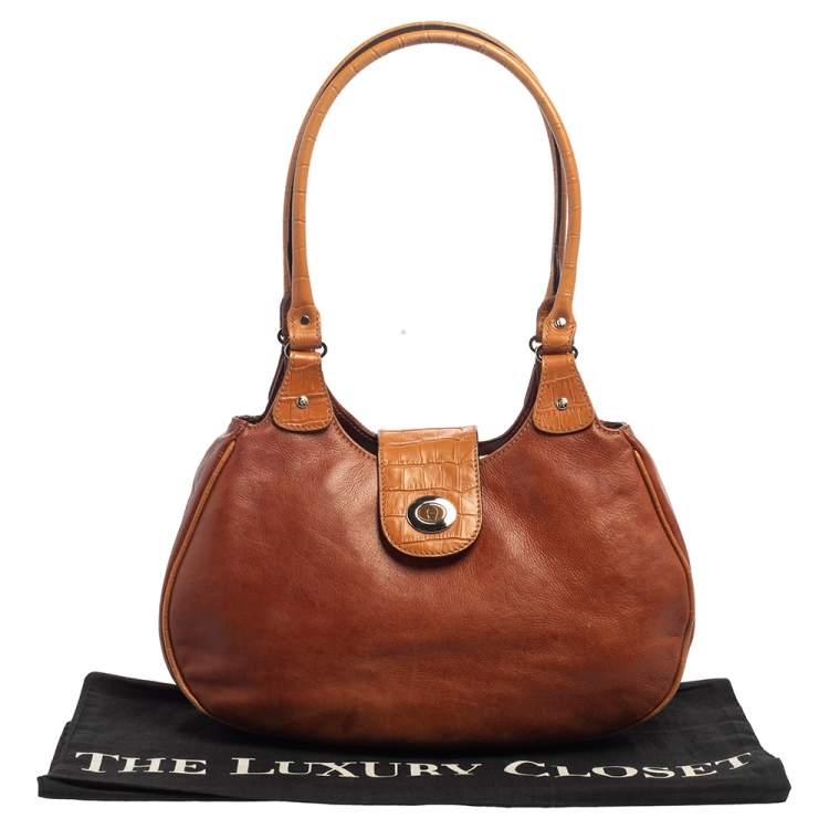 Pre Owned Aigner Brown Croc Embossed Leather and Leather Hobo