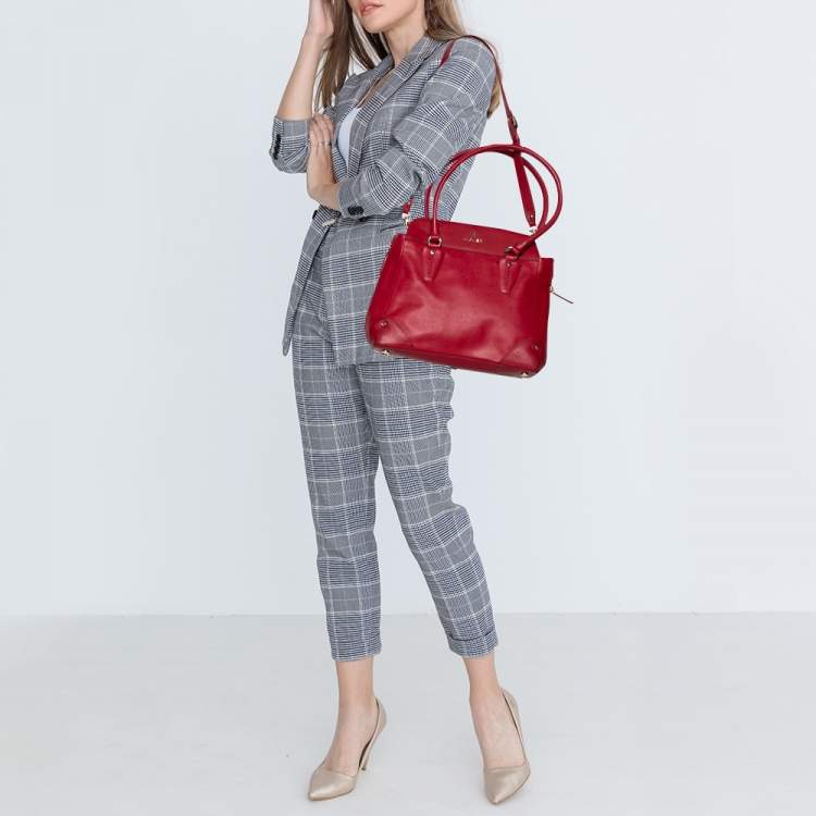 Pre Owned Aigner Red Leather Side Zip Satchel