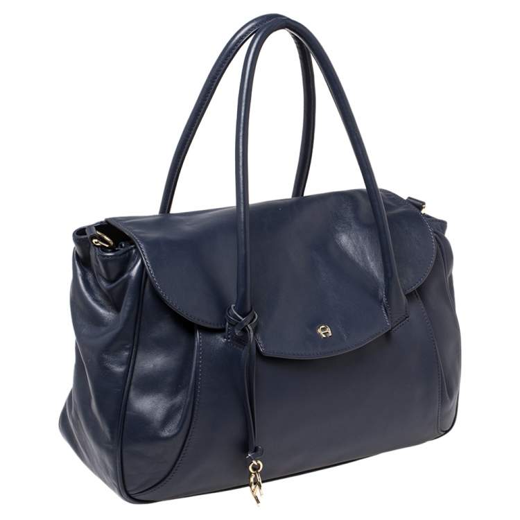 Pre Owned Aigner Blue Leather Flap Satchel