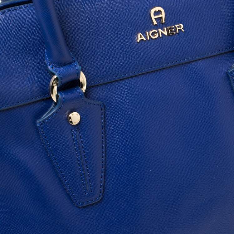 Pre Owned Aigner Blue Leather Side Zip Satchel