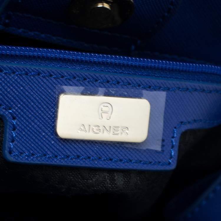 Pre Owned Aigner Blue Leather Side Zip Satchel