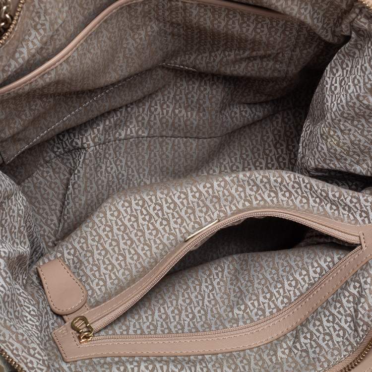 Pre Owned Aigner Grey/Beige Canvas And Leather Satchel 