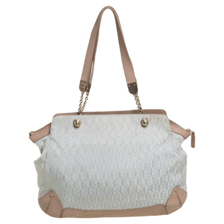 Pre Owned Aigner Grey/Beige Canvas And Leather Satchel 