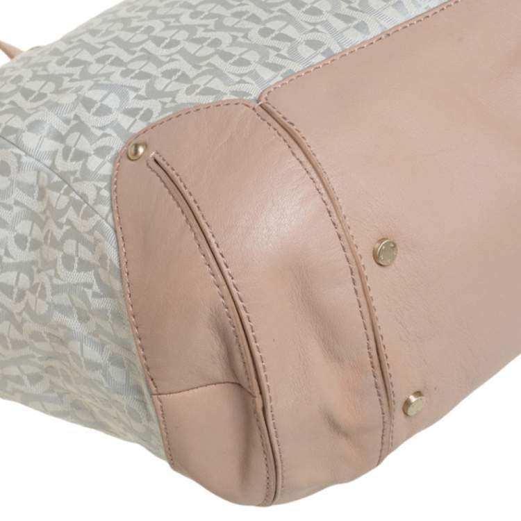 Pre Owned Aigner Grey/Beige Canvas And Leather Satchel 