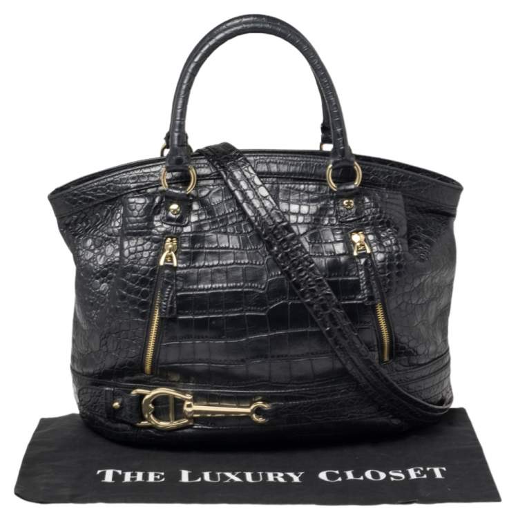 Pre Owned Aigner Black Croc Embossed Leather Dome Satchel