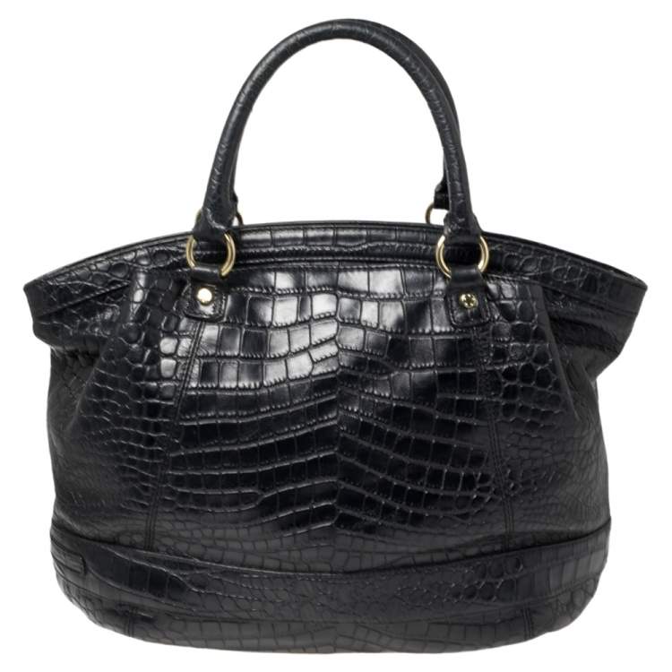 Pre Owned Aigner Black Croc Embossed Leather Dome Satchel
