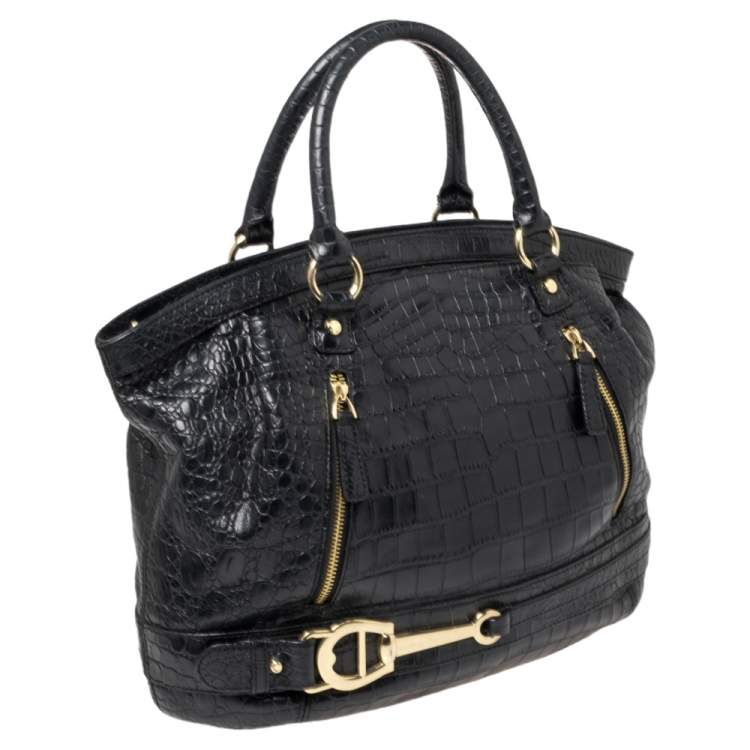 Pre Owned Aigner Black Croc Embossed Leather Dome Satchel