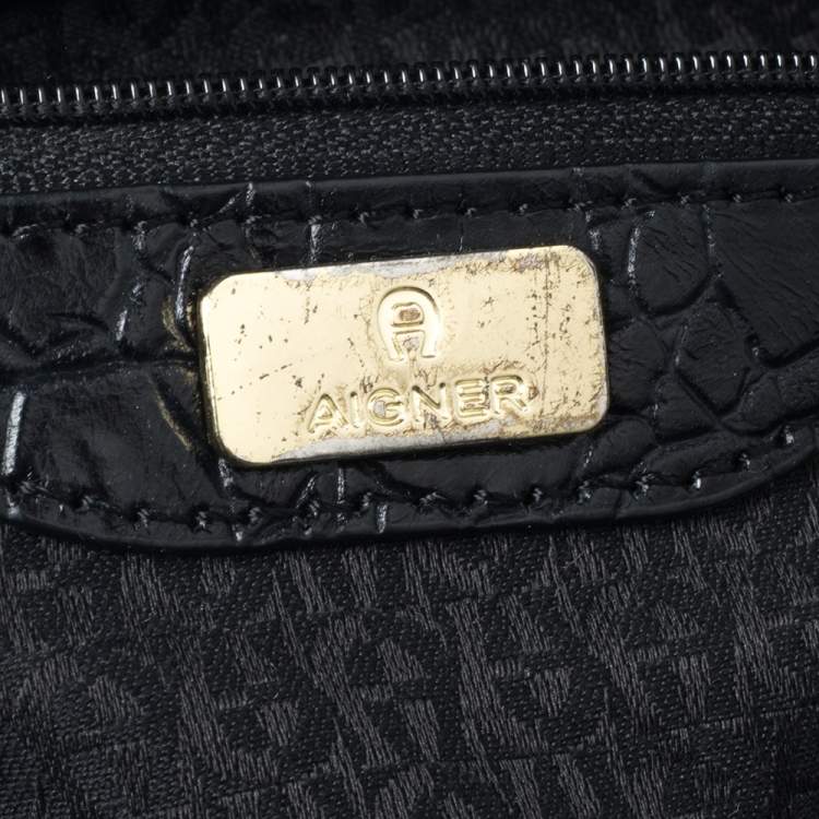 Pre Owned Aigner Black Croc Embossed Leather Dome Satchel