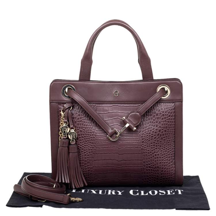 Pre Owned Aigner Burgundy Crocodile Embossed Leather Cavallina Tote