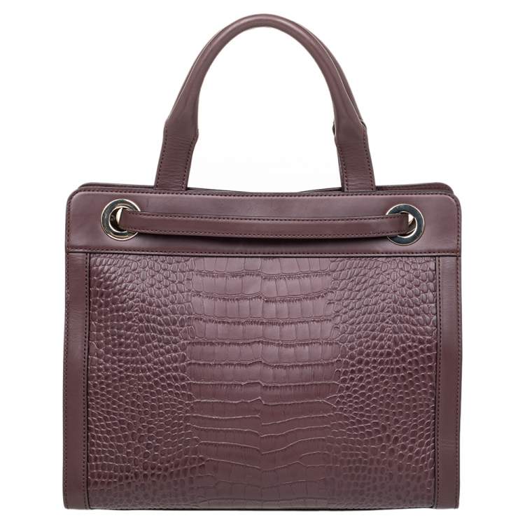 Pre Owned Aigner Burgundy Crocodile Embossed Leather Cavallina Tote