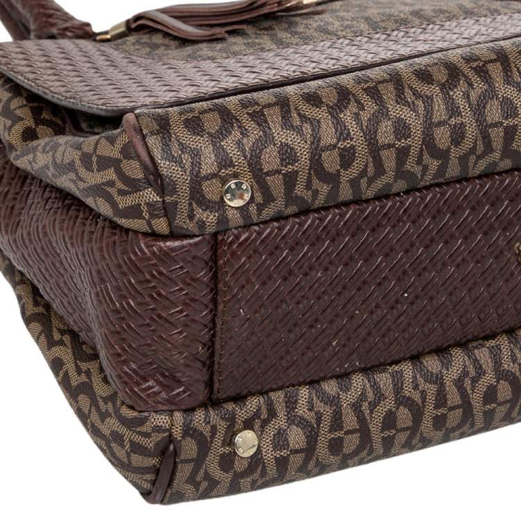 Pre Owned Aigner Brown Signature Canvas And Leather Tassel Satchel