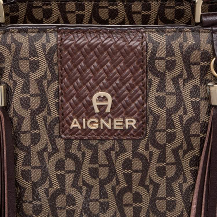Pre Owned Aigner Brown Signature Canvas And Leather Tassel Satchel