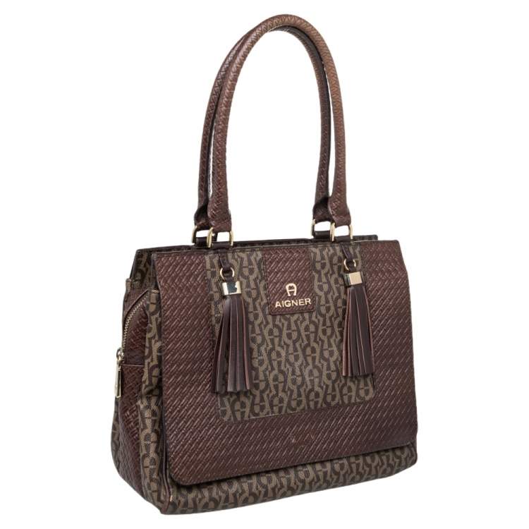 Pre Owned Aigner Brown Signature Canvas And Leather Tassel Satchel