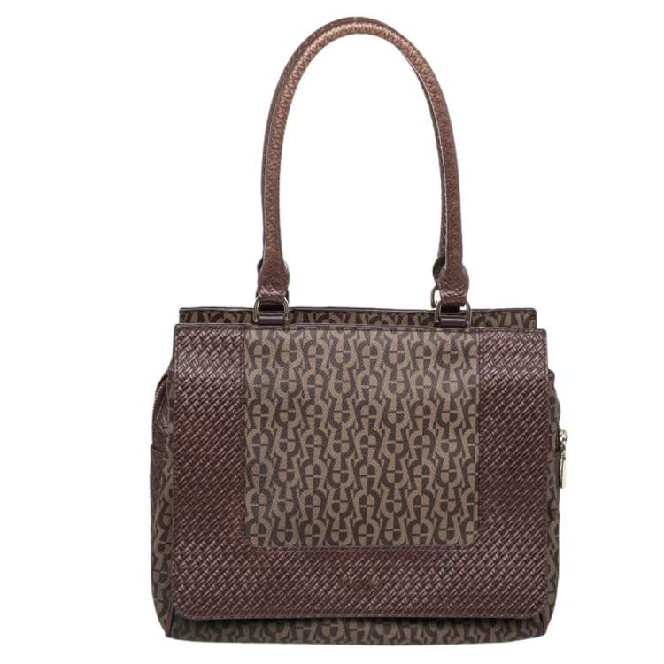 Pre Owned Aigner Brown Signature Canvas And Leather Tassel Satchel