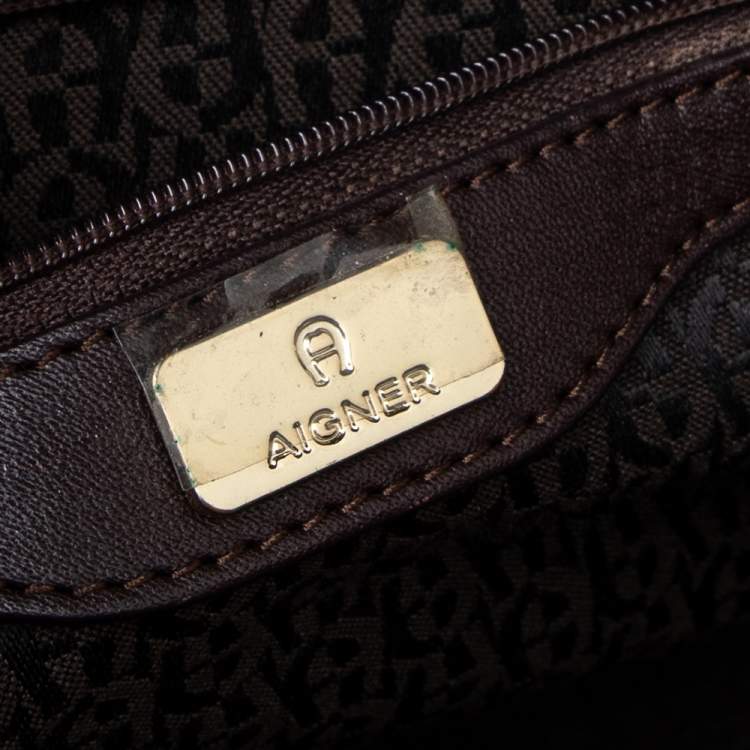 Pre Owned Aigner Brown Signature Canvas And Leather Tassel Satchel