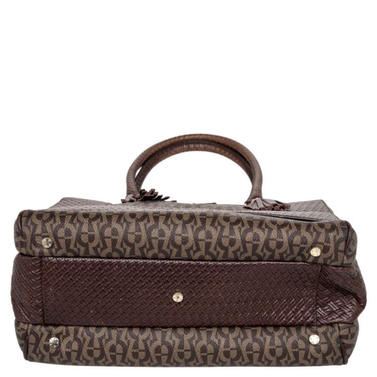 Pre Owned Aigner Brown Signature Canvas And Leather Tassel Satchel