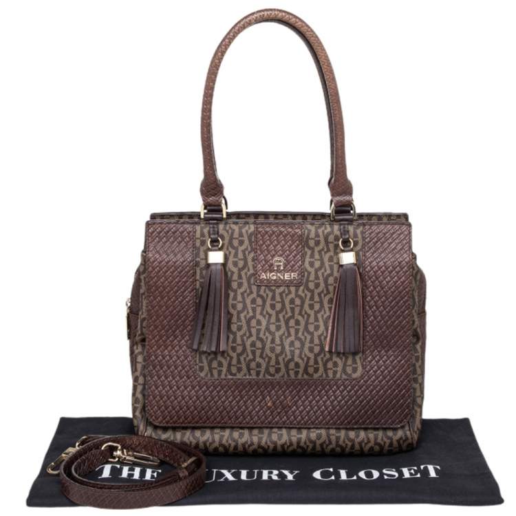 Pre Owned Aigner Brown Signature Canvas And Leather Tassel Satchel