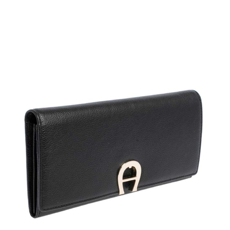 Pre Owned Aigner Black Leather Logo Flap Continental Wallet