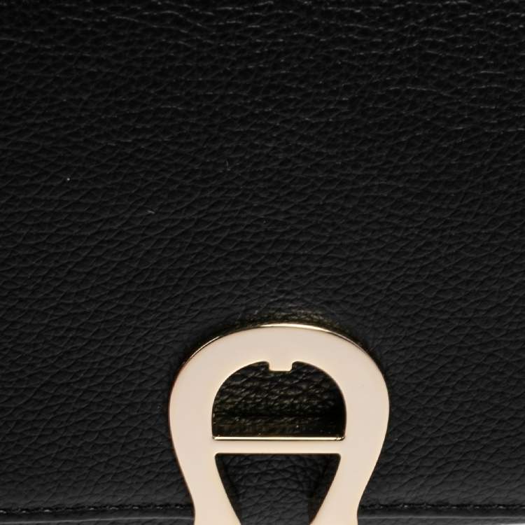 Pre Owned Aigner Black Leather Logo Flap Continental Wallet