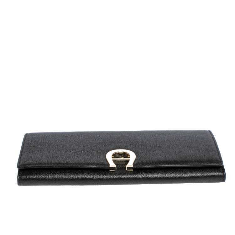 Pre Owned Aigner Black Leather Logo Flap Continental Wallet