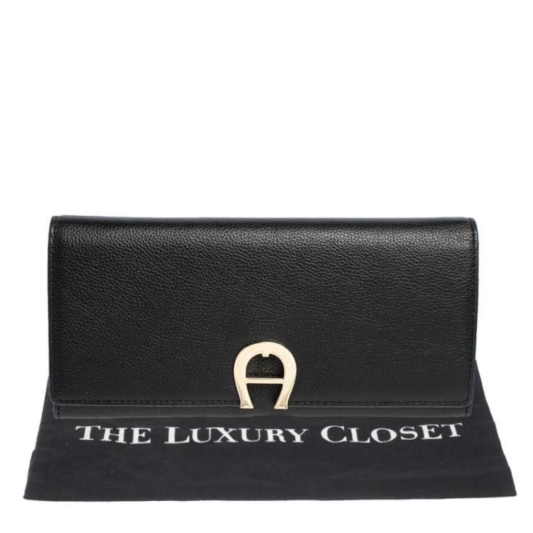 Pre Owned Aigner Black Leather Logo Flap Continental Wallet