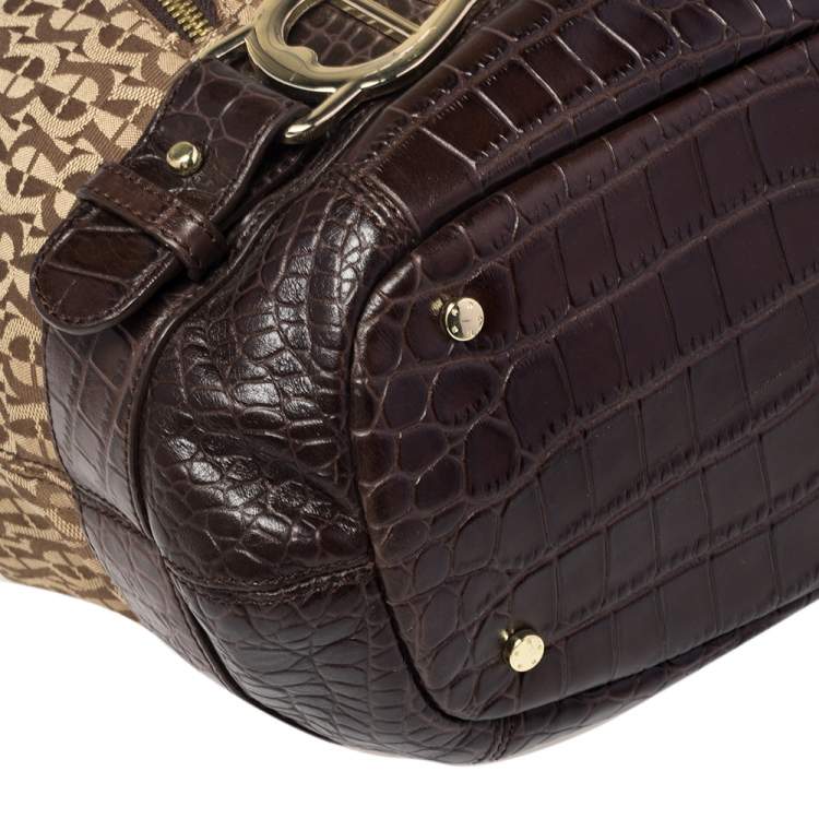 Pre Owned Aigner Brown/Beige Signature Canvas and Croc Embossed Leather Zip Satchel