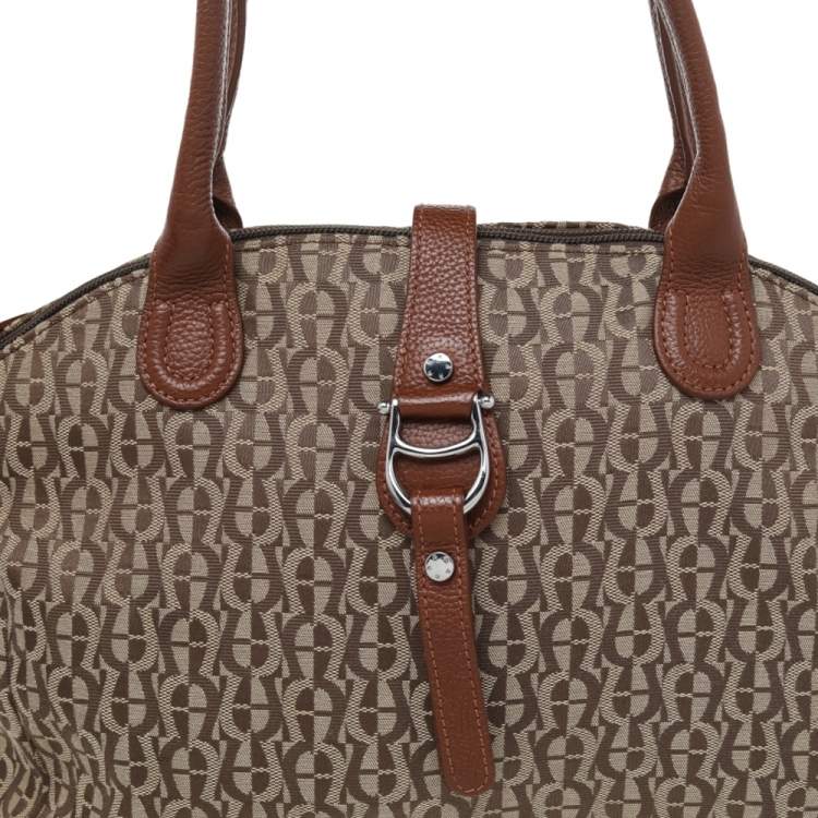 Pre Owned Aigner Beige Signature Canvas And Leather Shoulder Bag