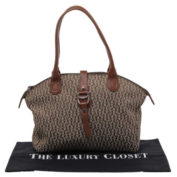 Pre Owned Aigner Beige Signature Canvas And Leather Shoulder Bag
