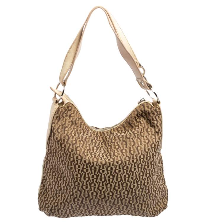 Pre Owned Aigner Beige/Cream Signature Canvas and Leather Zipped Hobo