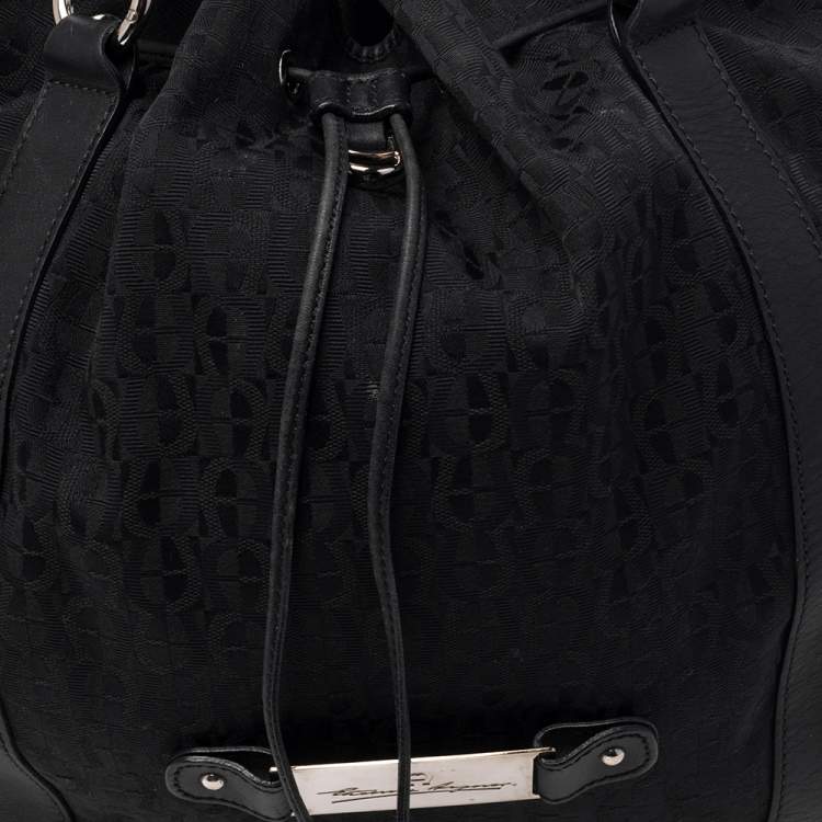Pre Owned Aigner Black Signature Canvas and Leather Drawstring Tote