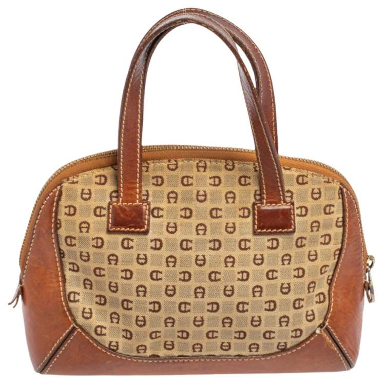 Pre Owned Aigner Brown/Beige Signature Canvas and Leather Mini Satchel