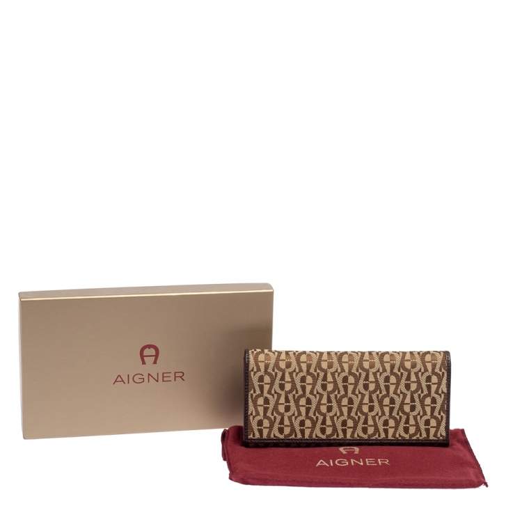 Pre Owned Aigner Beige/Brown Signature Canvas and Leather Flap Continental Wallet