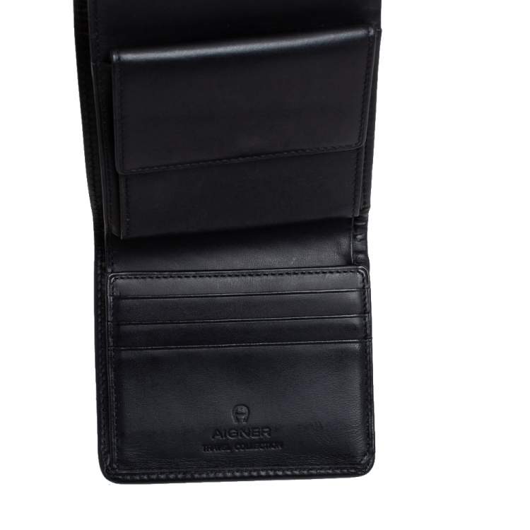 Pre Owned Aigner Black Canvas and Leather Trim Trifold Wallet