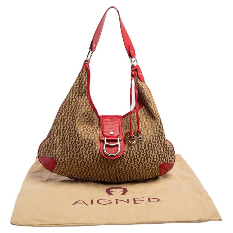 Pre Owned Aigner Red/Beige Signature Canvas and Leather Logo Buckle Flap Hobo