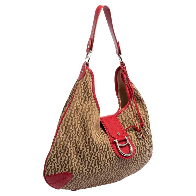 Pre Owned Aigner Red/Beige Signature Canvas and Leather Logo Buckle Flap Hobo