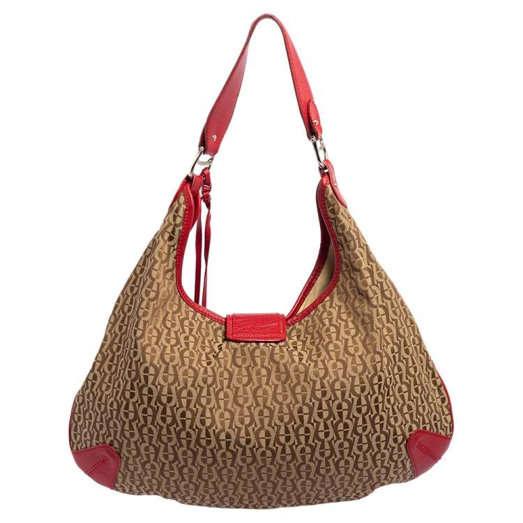 Pre Owned Aigner Red/Beige Signature Canvas and Leather Logo Buckle Flap Hobo