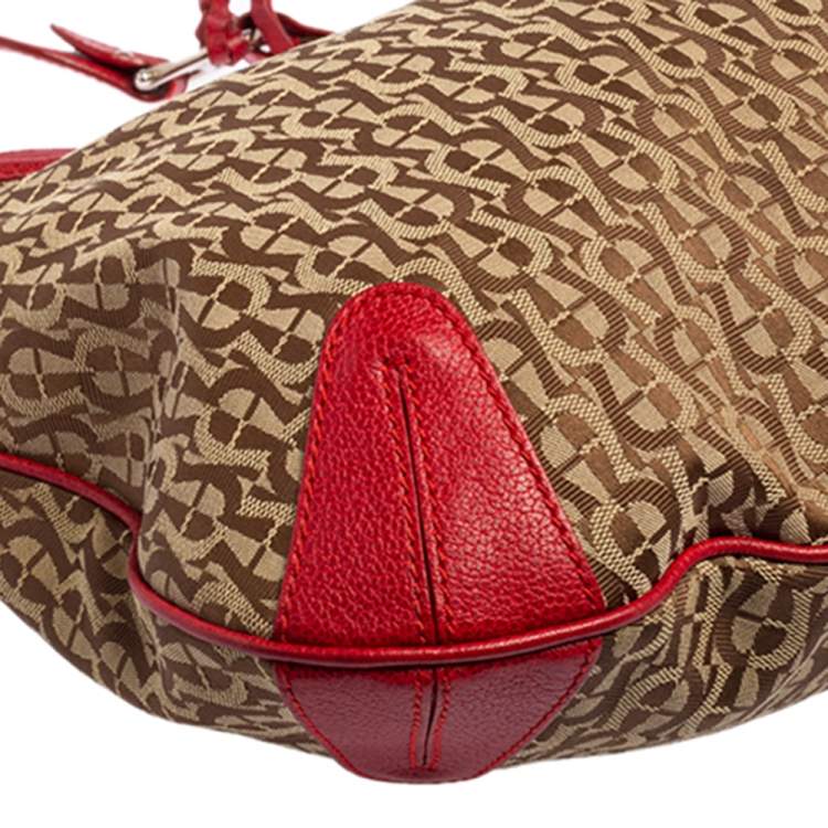 Pre Owned Aigner Red/Beige Signature Canvas and Leather Logo Buckle Flap Hobo