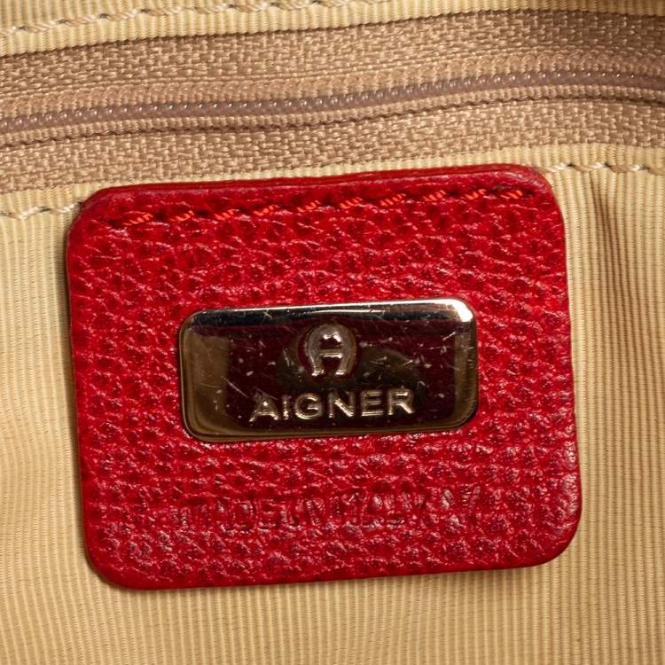 Pre Owned Aigner Red/Beige Signature Canvas and Leather Logo Buckle Flap Hobo