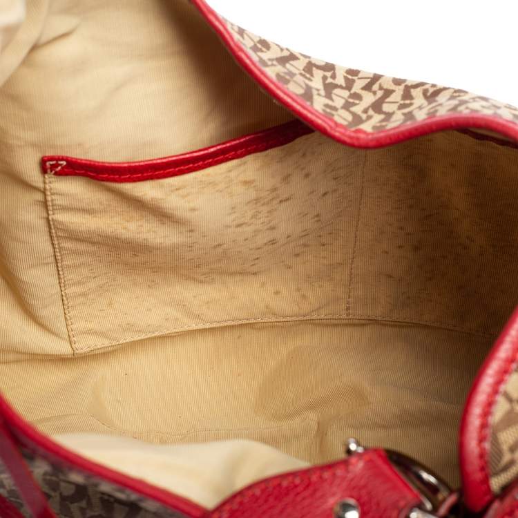 Pre Owned Aigner Red/Beige Signature Canvas and Leather Logo Buckle Flap Hobo