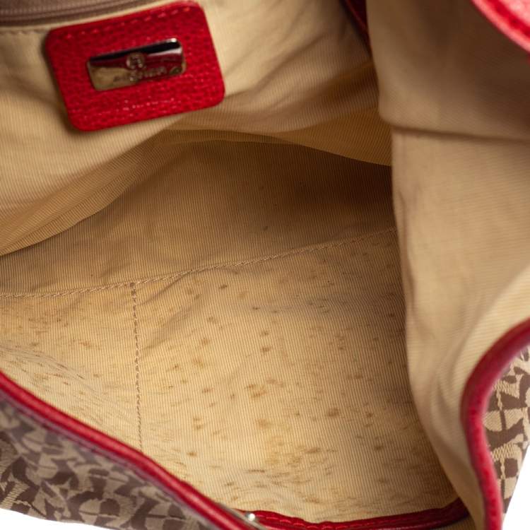 Pre Owned Aigner Red/Beige Signature Canvas and Leather Logo Buckle Flap Hobo